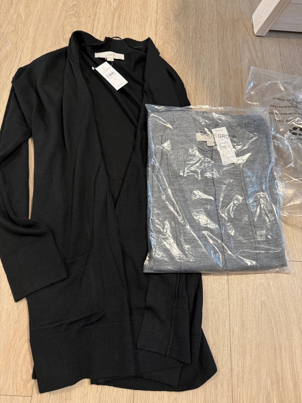 LOFT Black Open-Front Longline Cardigan with Pockets and Gray. Pair